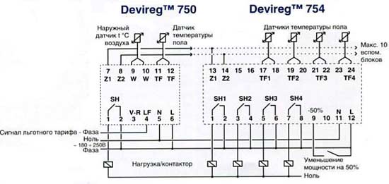 Схема подключения терморегулятора devireg D-750/754